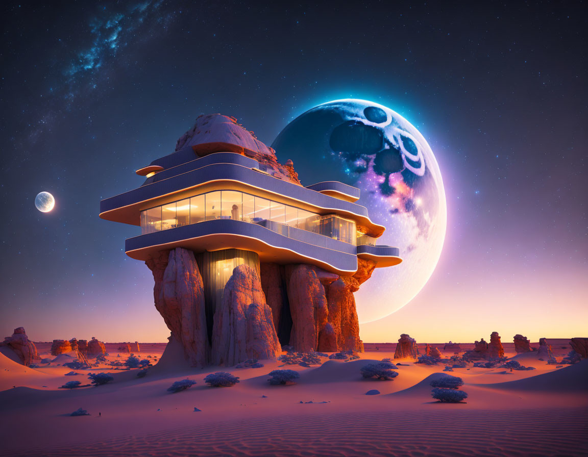 Futuristic house on desert rocks under starry sky