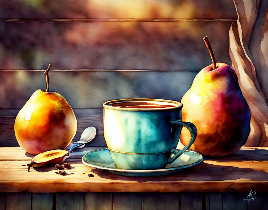 Serene watercolor illustration of coffee cup, pears, and beans