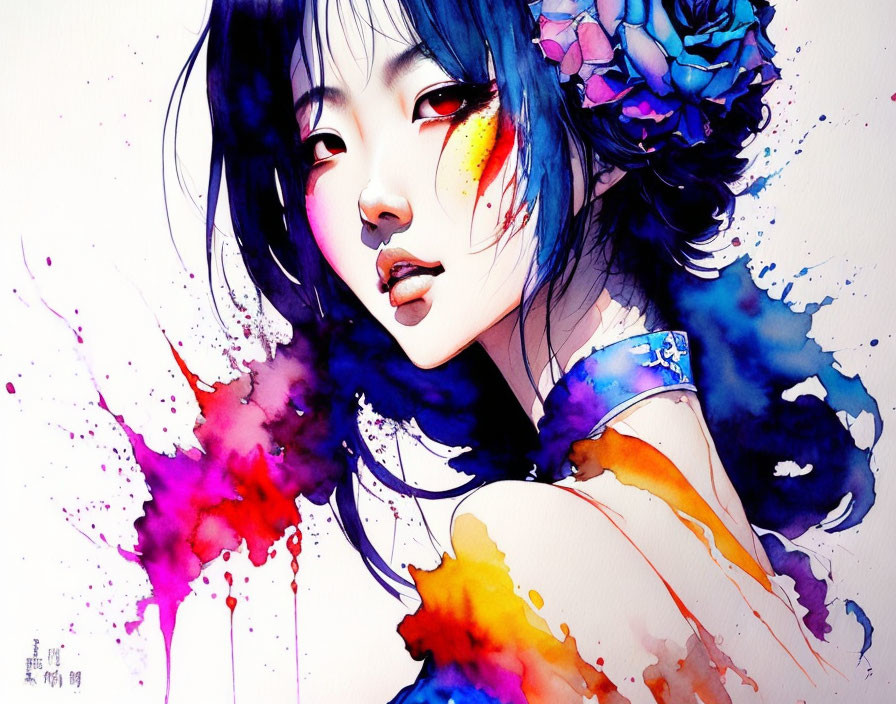 Colorful Watercolor Painting of Woman with Blue Flowers