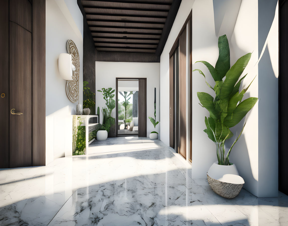 Modern hallway with white marble floor, potted plants, wall art, & garden view.