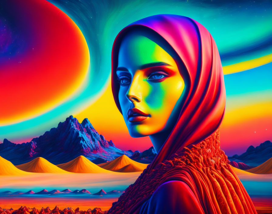 Colorful digital artwork: Woman in hijab on surreal landscape