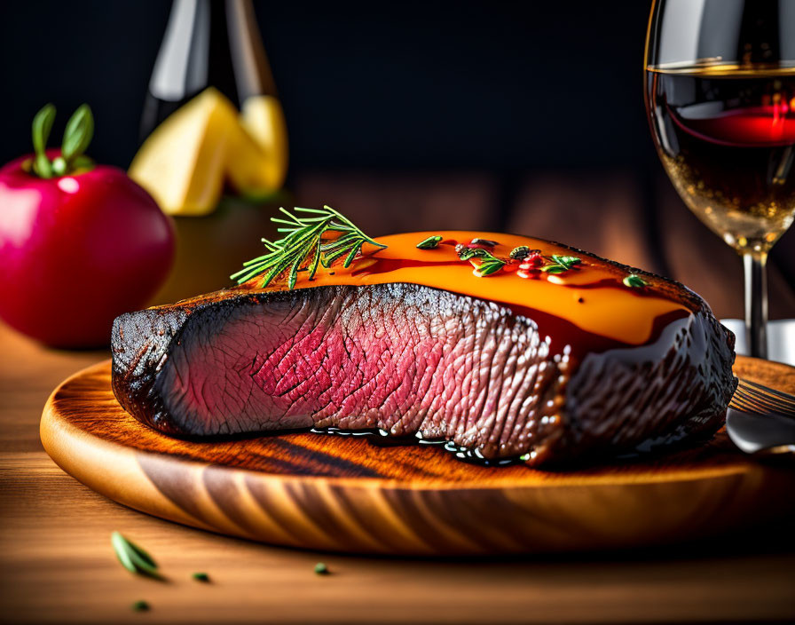 Juicy medium-rare steak with rosemary, red wine, cheese, and apple on wooden board