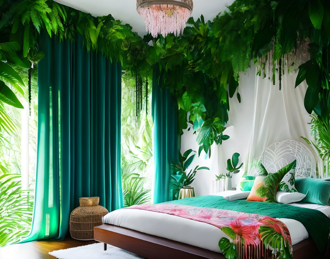 Tropical-themed bedroom with green curtains, hanging plants, peacock chair