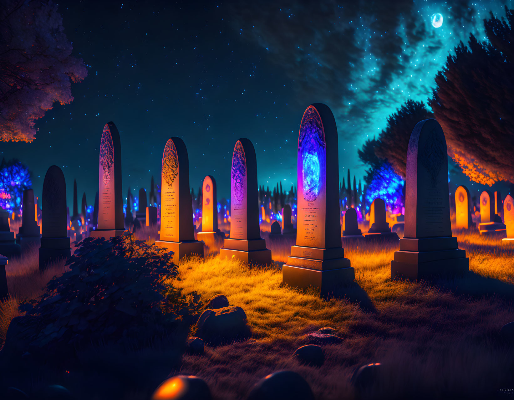 Nighttime cemetery with glowing tombstones under starry sky and galaxy view.