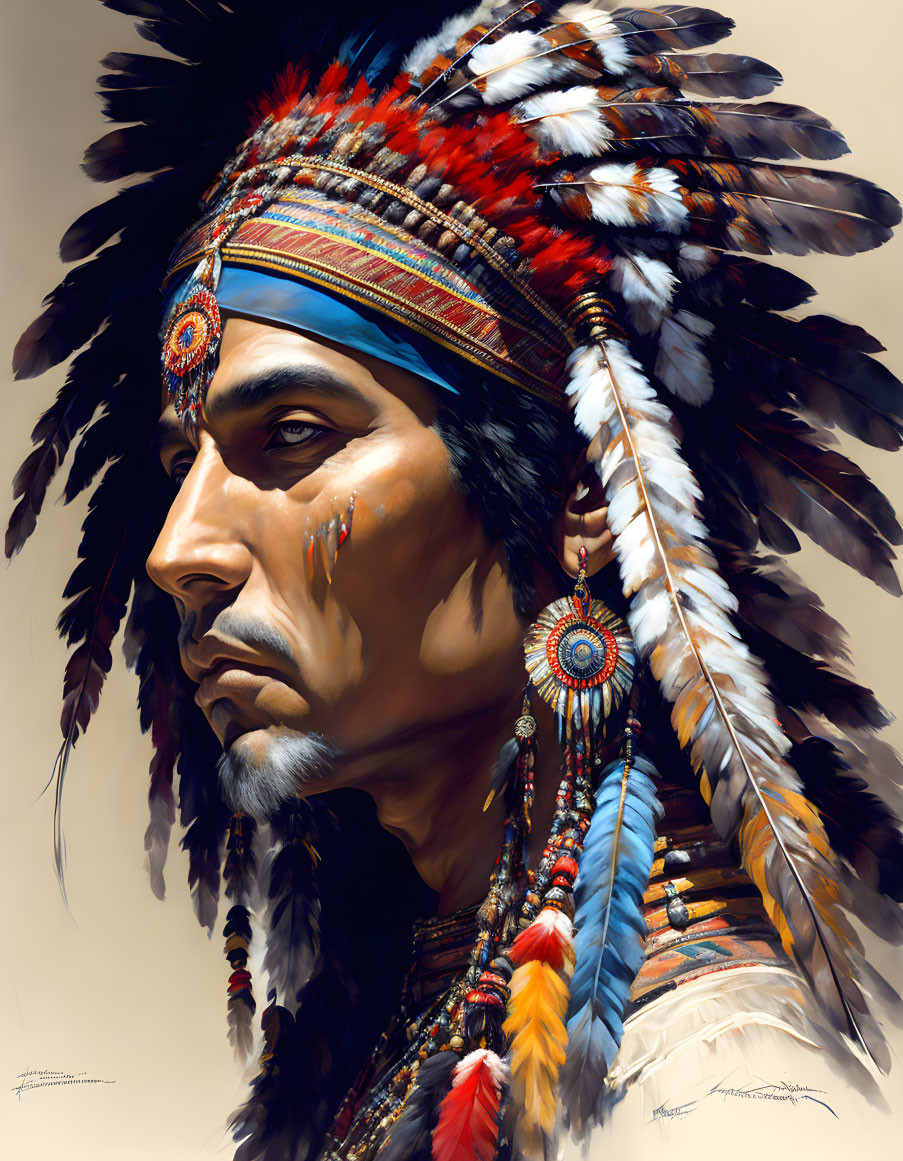 Detailed Native American headdress with feathers and beadwork in artistic portrayal.