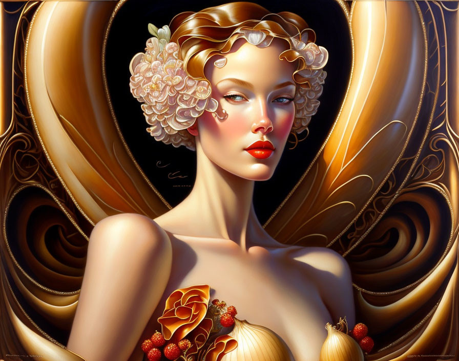 Stylized portrait of woman with golden swirls and floral elements