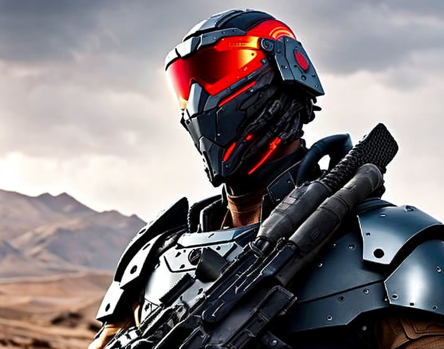 Futuristic armored figure with glowing red helmet in barren hills