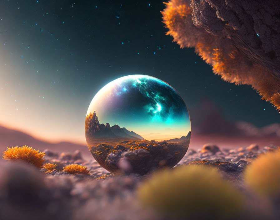 Surreal landscape with crystal ball reflecting mountain scene at dusk