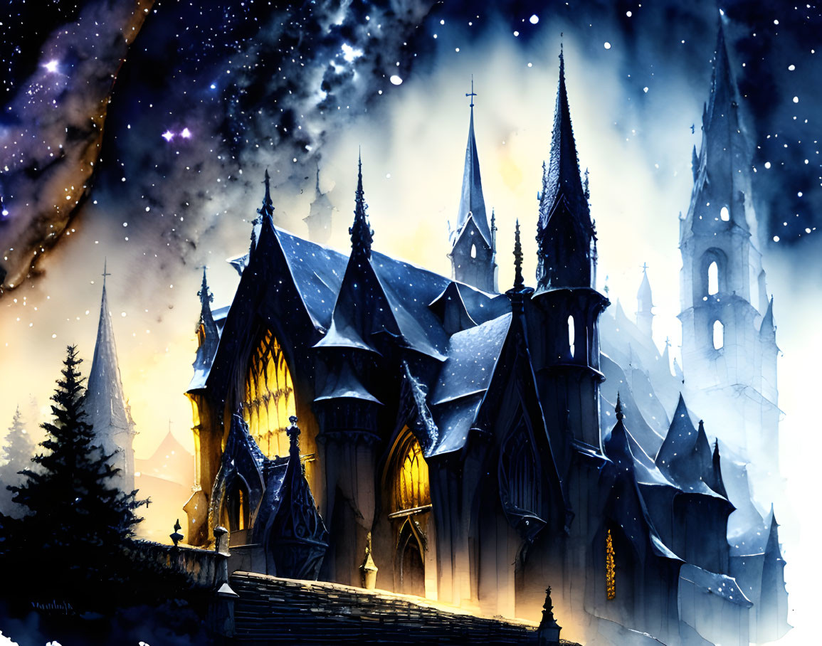 Majestic Gothic cathedral in enchanting night scene