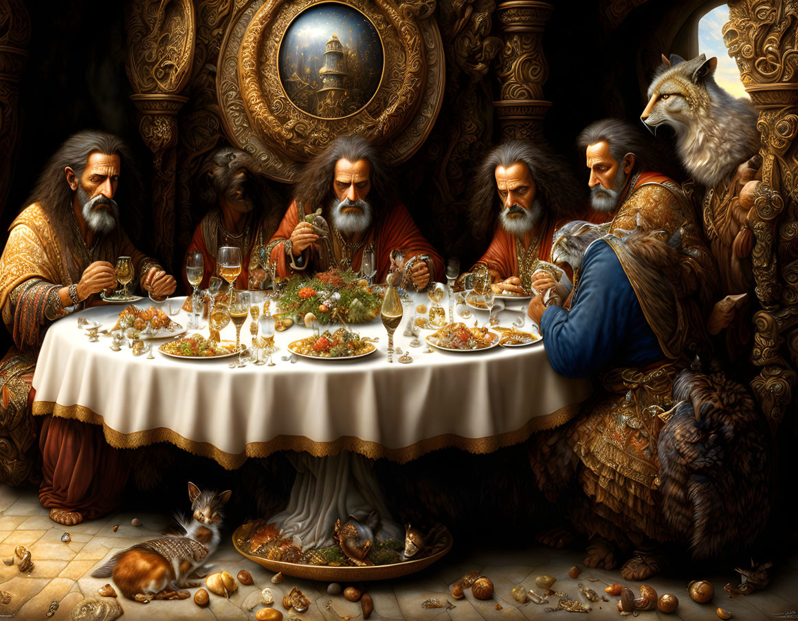 Opulent feast with elaborate figures and animals in luxurious setting