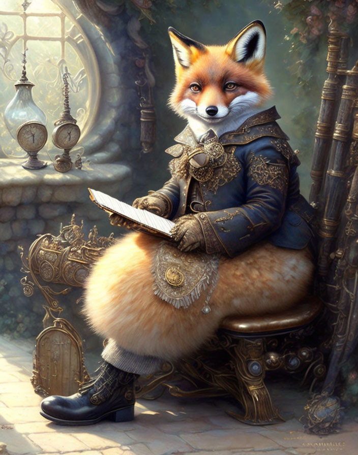 Anthropomorphic fox in Renaissance attire reading surrounded by vintage objects.