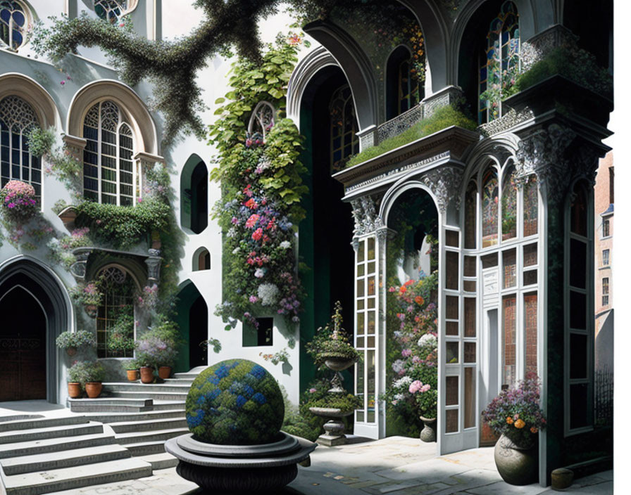 Gothic architecture courtyard with lush greenery and ornate planter