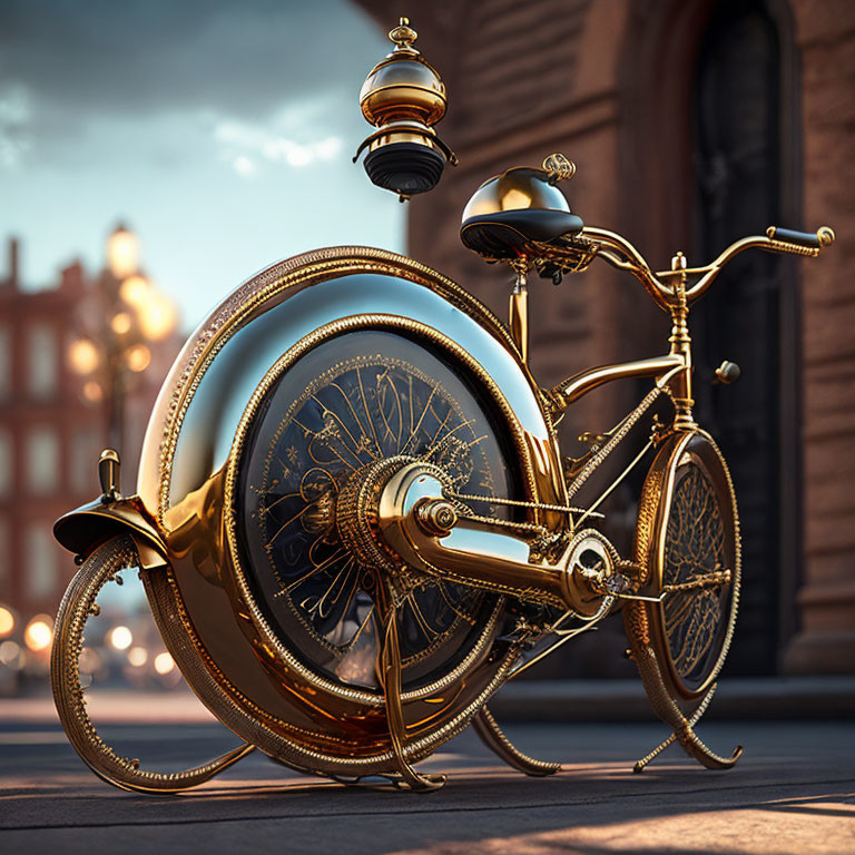 Steampunk-style Bicycle with Brass Details on Cobblestone Street at Sunset