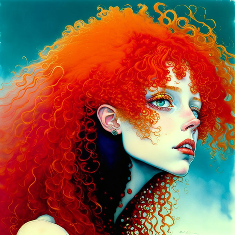 Illustration of woman with fiery red curls and blue eyes.