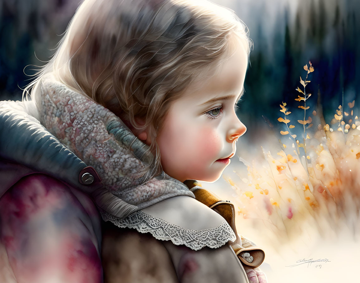 Young child in warm coat gazes into distance against blurred backdrop