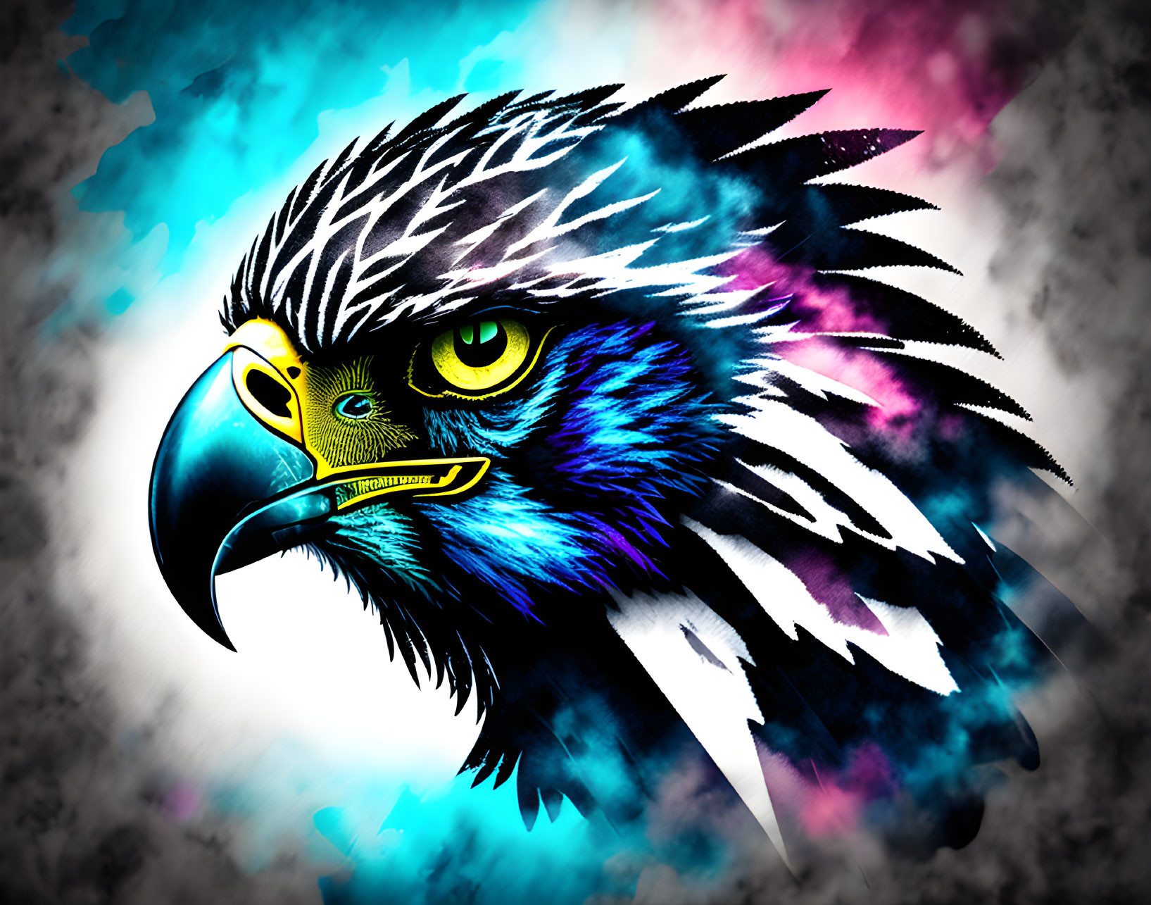 Eagle illustration with intense yellow eyes and sharp beak