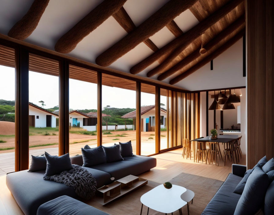 Spacious living room with large windows, wooden beams, minimalist furniture, serene sandy landscape.