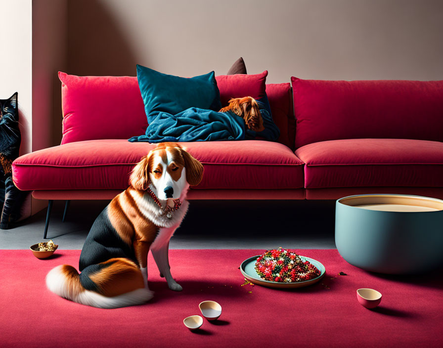 Beagle sitting by red couch with teal pillow, dog bowl, and food on floor