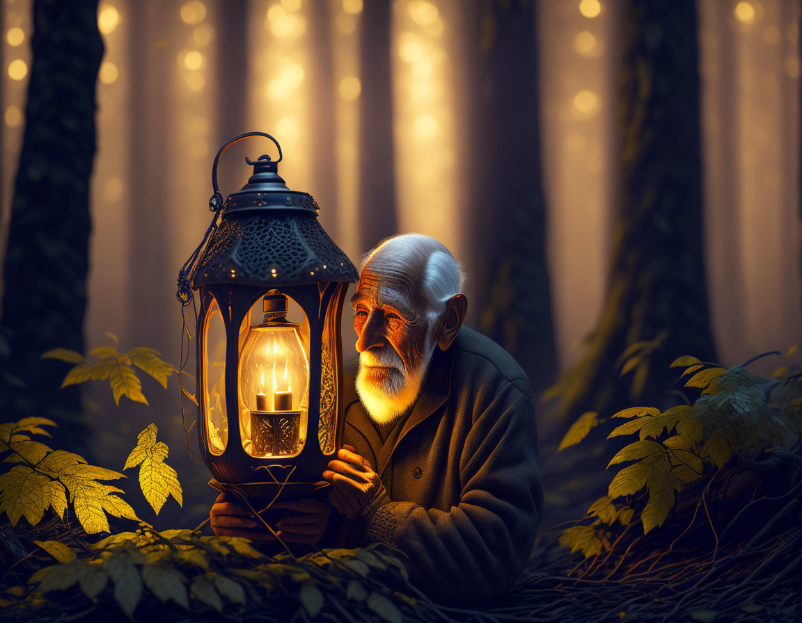 Elderly man with white beard in mystical forest with lantern