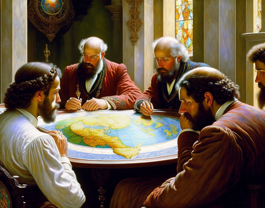 Historical painting of five bearded men studying a map with stained glass windows.