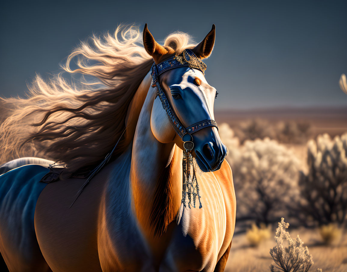 Majestic palomino horse in ornate bridle gear in desert landscape