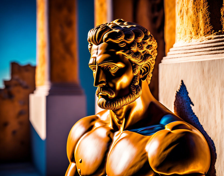 Muscular golden male statue in digital artwork against classical architecture background