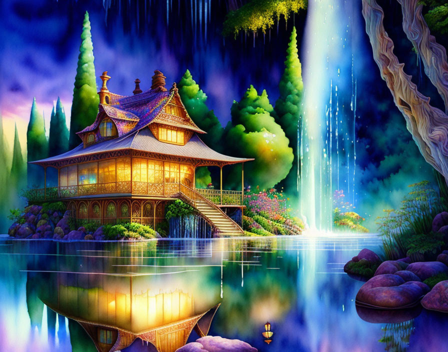 Fantasy artwork: Asian-style house near waterfall in lush greenery