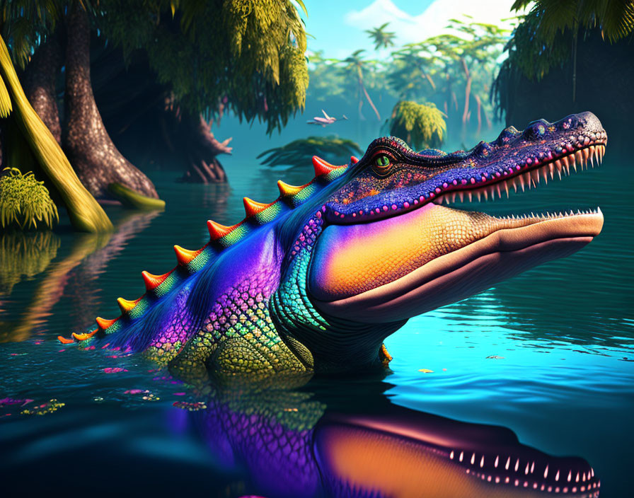 Vibrant digital artwork of a fantasy alligator in tropical scenery