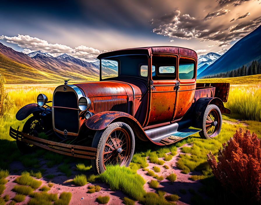 Rusty Vintage Car in Scenic Valley with Mountains and Dramatic Sky