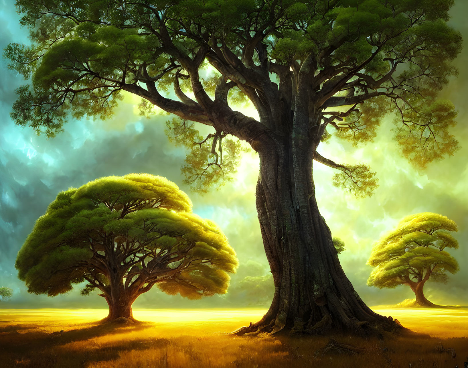 Majestic tree with vast canopy in sunlit savanna