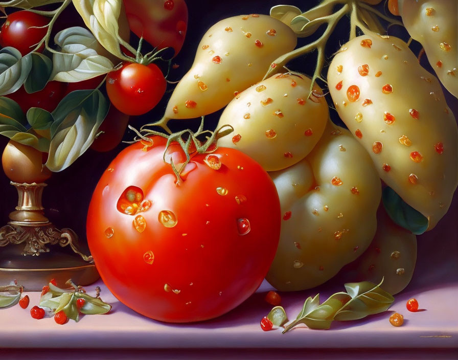 Realistic painting of ripe tomatoes, potatoes, berries, and green leaves arrangement