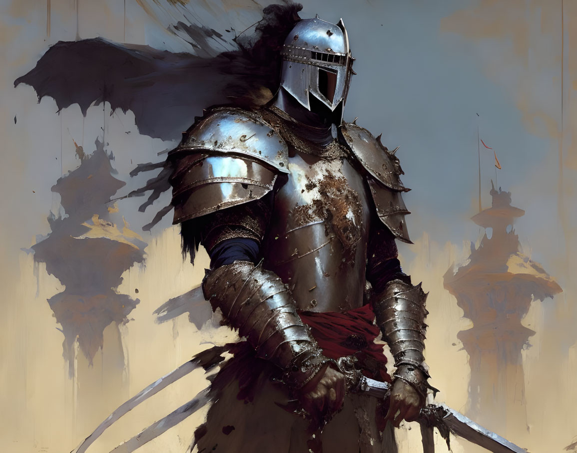 Medieval knight in worn armor with sword and tattered banner in ancient setting.