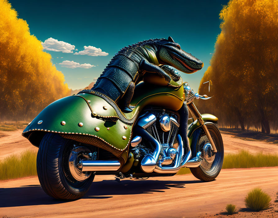 Anthropomorphic crocodile in biker outfit riding classic motorcycle on dusty road