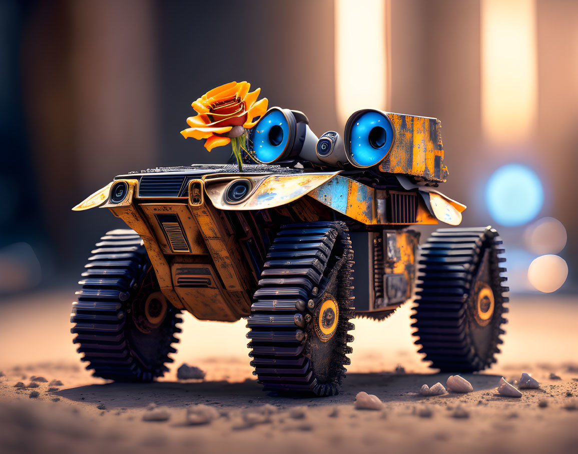 Whimsical robot with blue eyes and sunflower in industrial setting