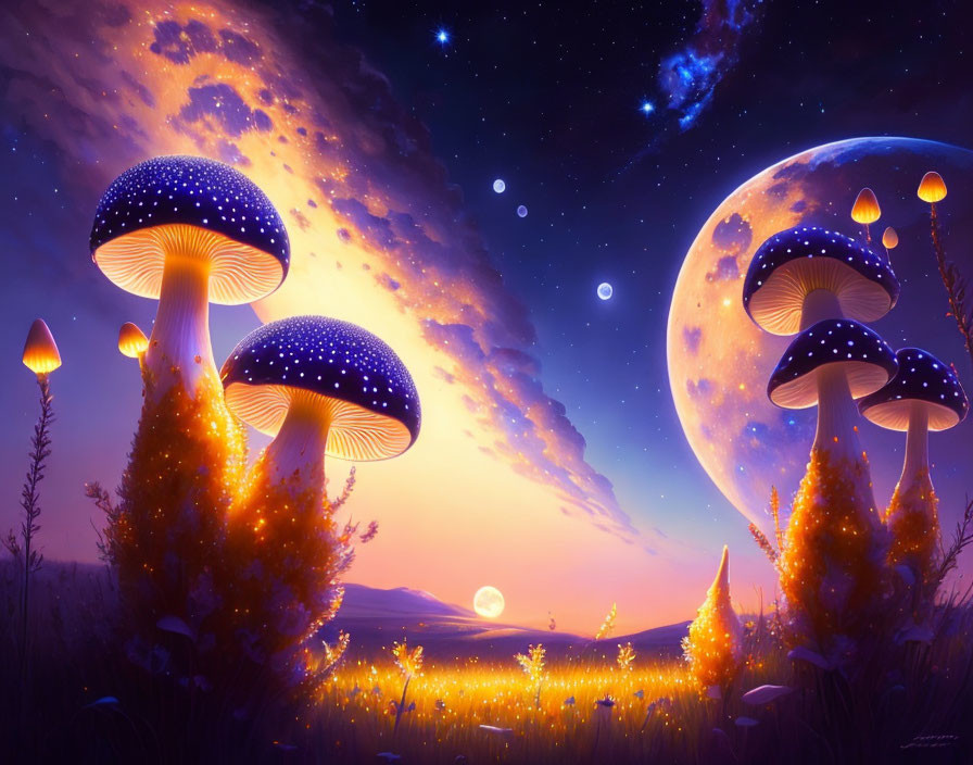 Fantastical landscape with glowing mushrooms, starry sky, moon, and illuminated plants