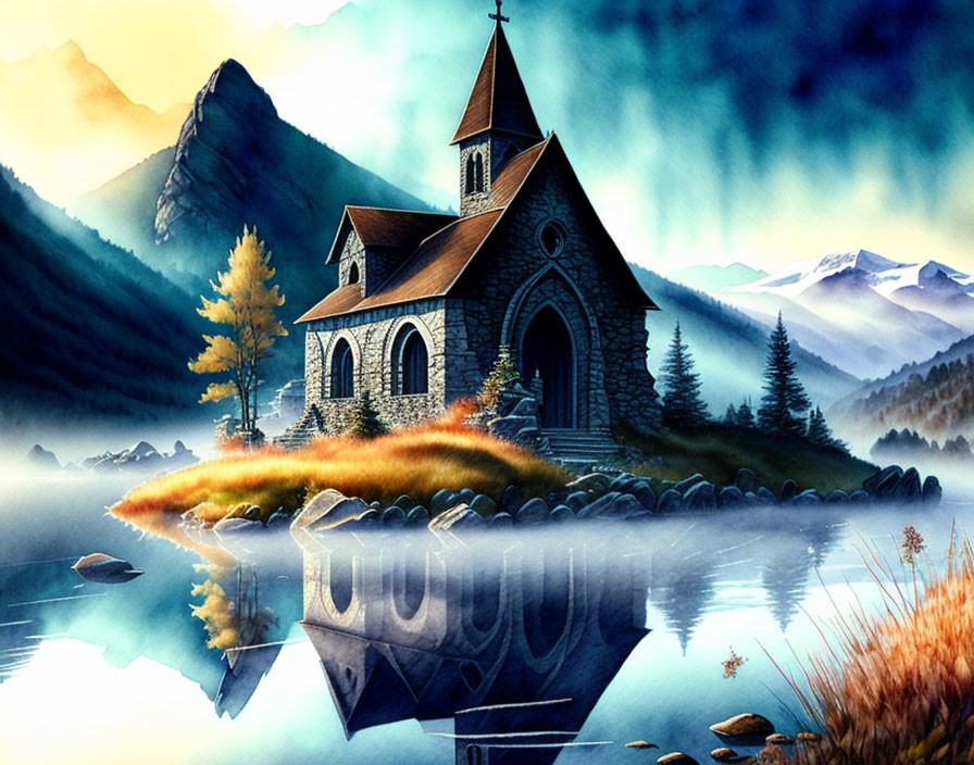 Stone church by serene lake with autumn tree & misty mountains