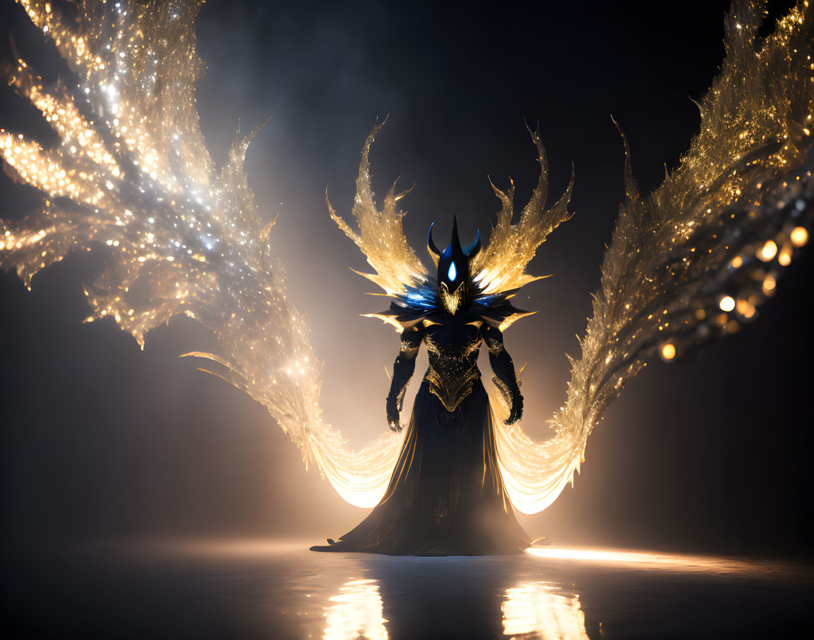 Mystical figure in dark armor with glowing blue eyes and golden wings