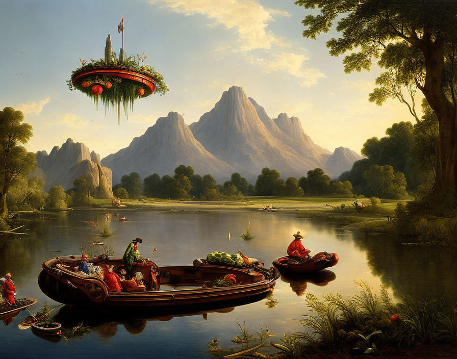 Tranquil landscape with mountains, lake, boats, and floating island