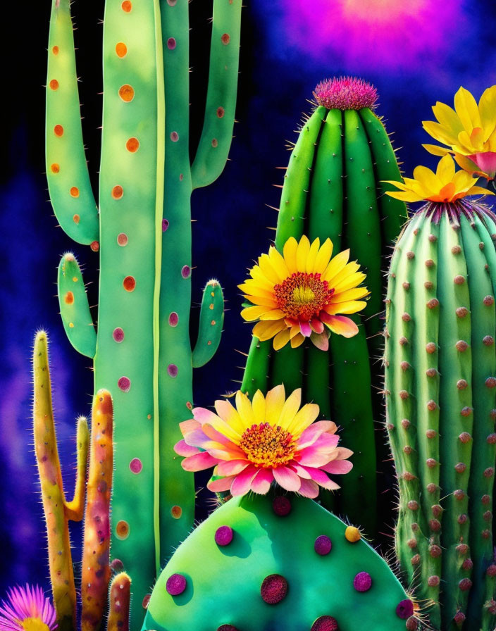 Colorful Stylized Cacti with Blooming Flowers on Purple Background