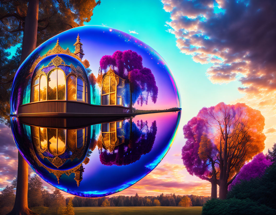 Surreal image of reflective bubble with mirrored palace at sunset