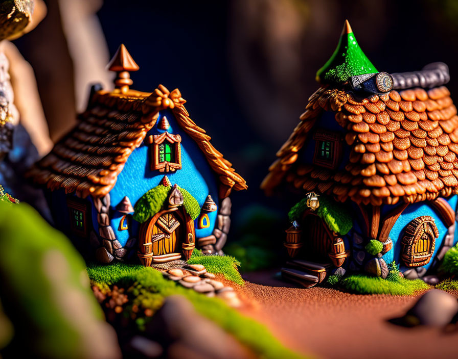 Colorful miniature fairy tale houses in whimsical garden