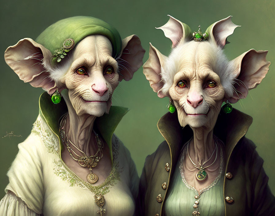 Elderly fantasy creatures in regal attire with pointed ears and green accessories