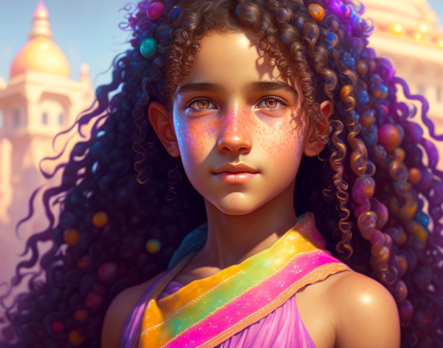 Curly-haired girl with freckles in colorful scarf in fantasy palace scene