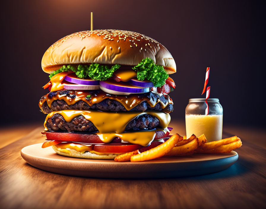 Delicious Double Cheeseburger with Fries and Milkshake