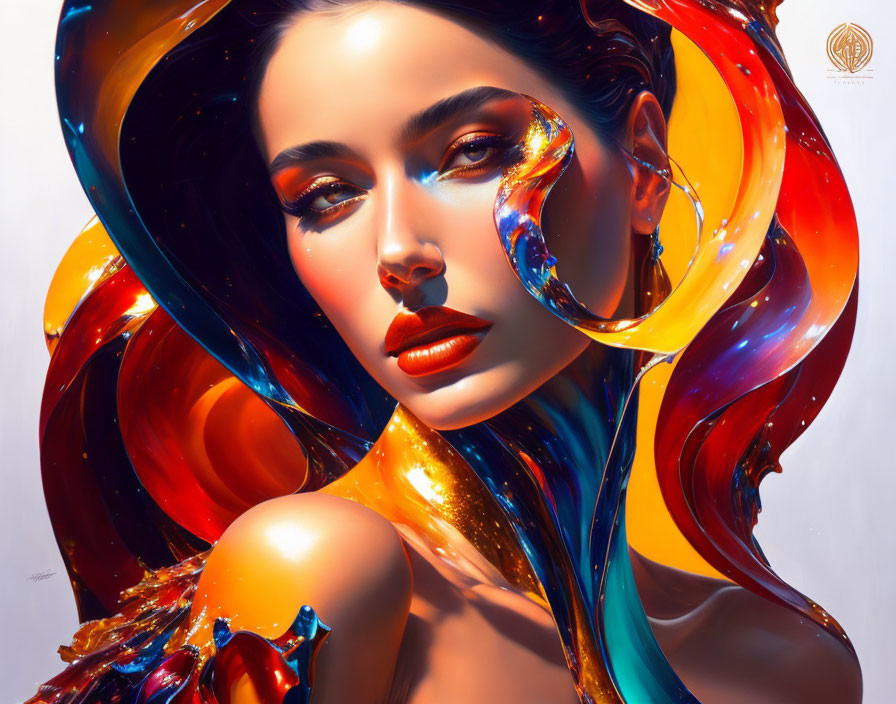 Colorful digital artwork: Woman adorned with flowing liquid shapes