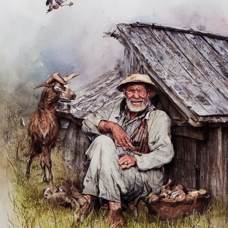 Elderly man in wide-brimmed hat laughing with goat and kids at rustic hut