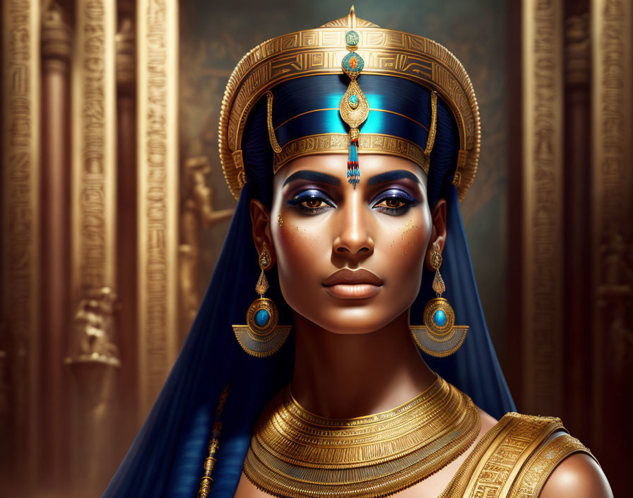 Regal woman illustration with golden jewelry and Egyptian headdress