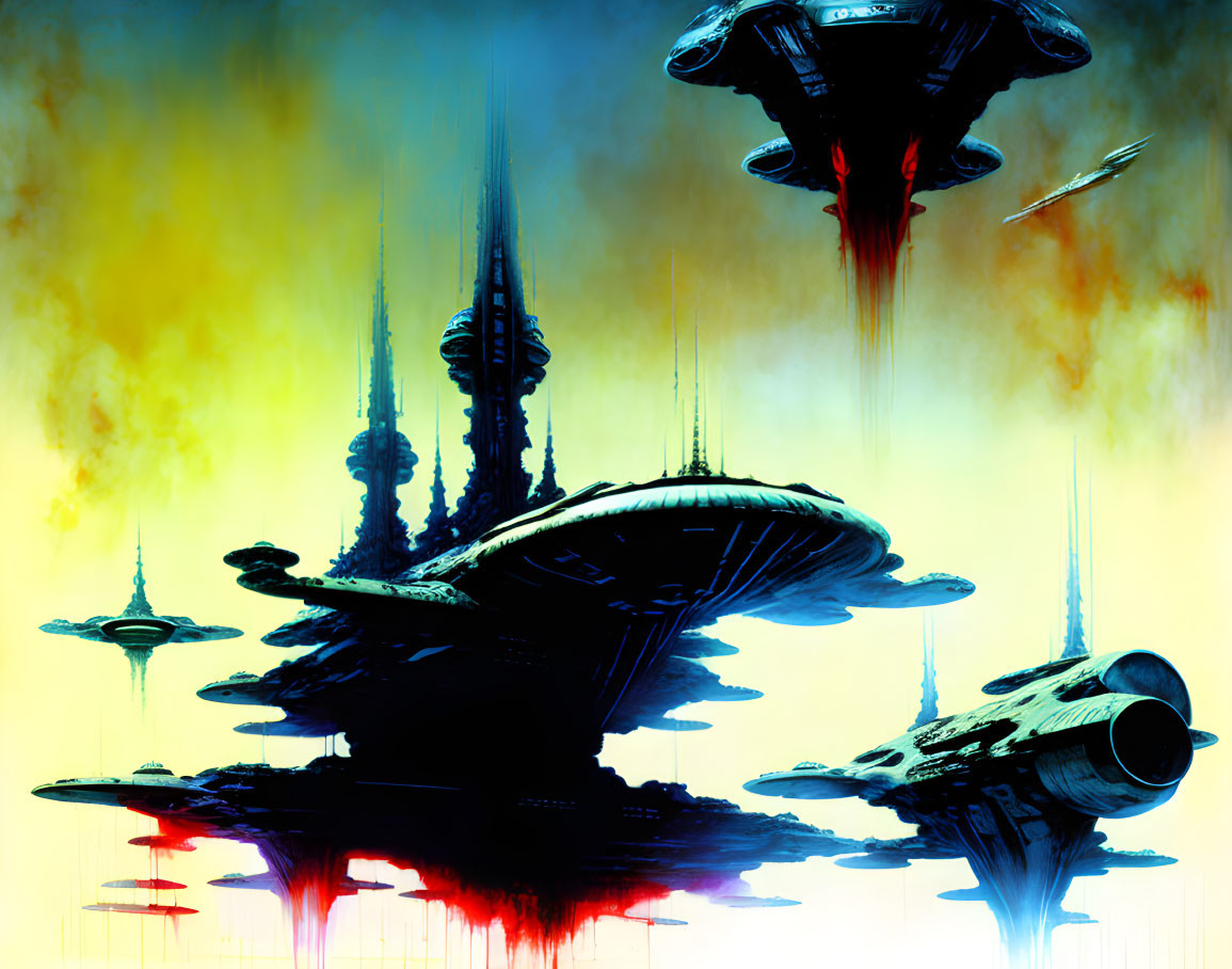 Sci-fi cityscape with towering spires and flying ships in a yellow and red-hued sky.