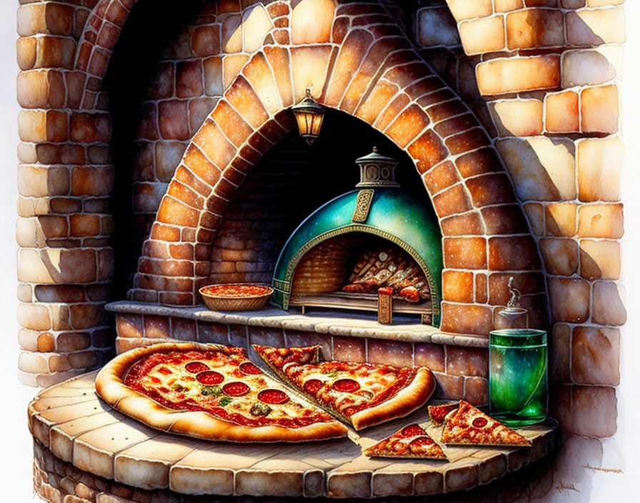 Outdoor brick pizza oven with fire, whole pizza, sliced pieces, and green bottle.