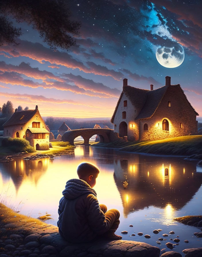 Child by tranquil river at dusk with glowing cottage under starry sky.